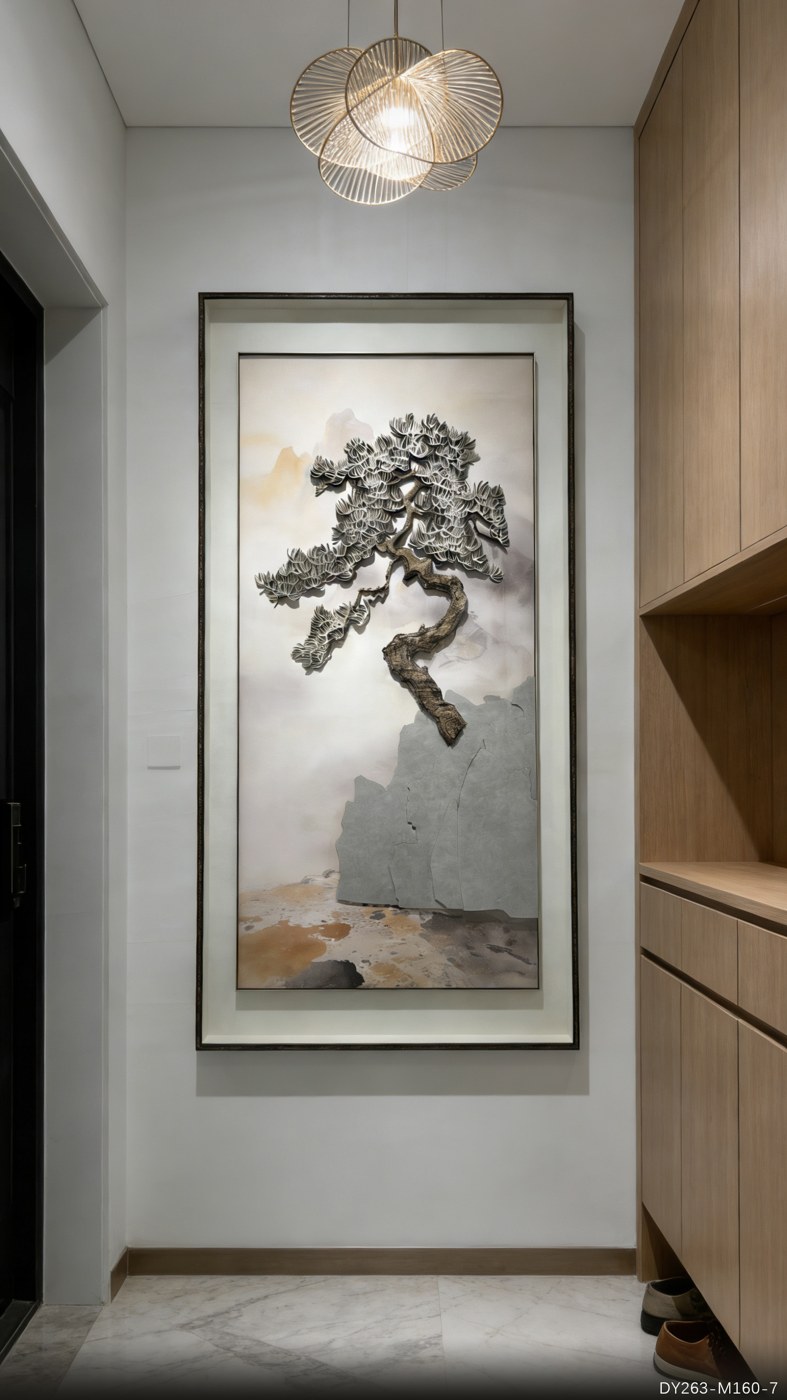 Handcrafted botanical artwork displayed in an entrance