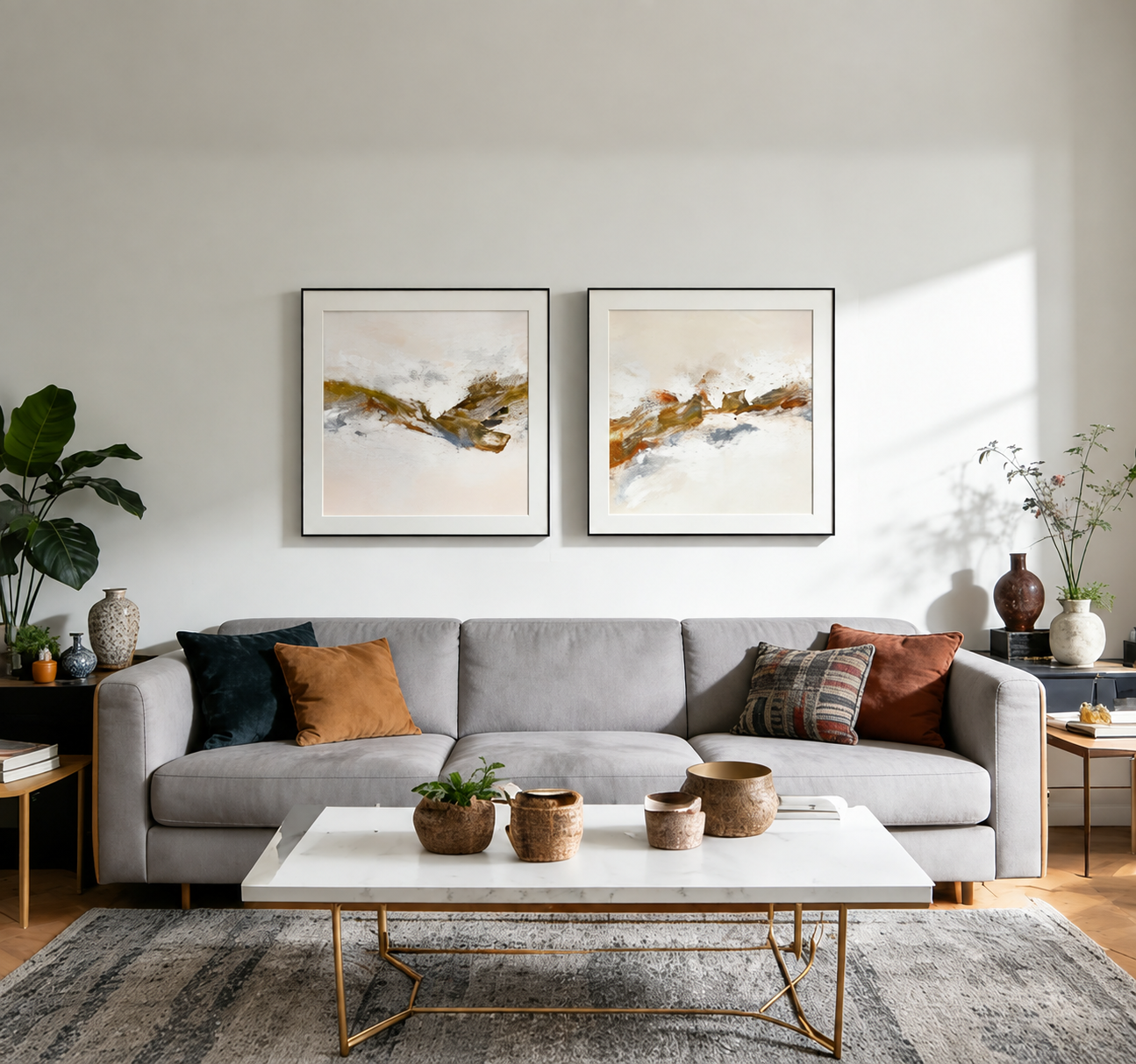 Gold and white abstract art from Benxin's collection in a light-filled interior