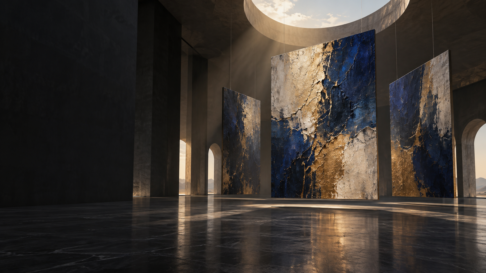 Conceptual gallery installation with suspended blue and gold canvases illuminated by a circular skylight